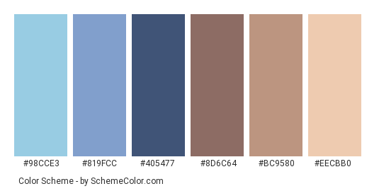 Cima Focobon - Color scheme palette thumbnail - #98CCE3 #819FCC #405477 #8D6C64 #BC9580 #EECBB0 