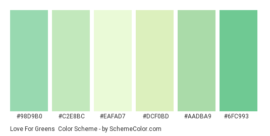Love for Greens - Color scheme palette thumbnail - #98D9B0 #C2E8BC #EAFAD7 #DCF0BD #AADBA9 #6FC993 