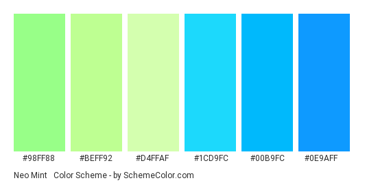 Neo Mint & Blue - Color scheme palette thumbnail - #98FF88 #BEFF92 #D4FFAF #1CD9FC #00B9FC #0E9AFF 