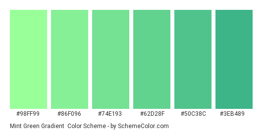 Mint Green Gradient - Color scheme palette thumbnail - #98FF99 #86F096 #74E193 #62D28F #50C38C #3EB489 