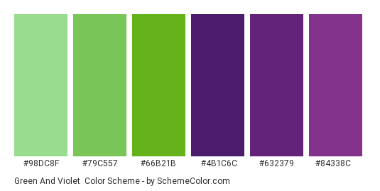 Green and Violet - Color scheme palette thumbnail - #98dc8f #79c557 #66b21b #4b1c6c #632379 #84338c 