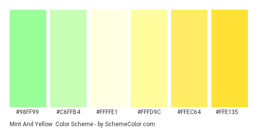 Mint and Yellow - Color scheme palette thumbnail - #98ff99 #c6ffb4 #ffffe1 #fffd9c #ffec64 #ffe135 
