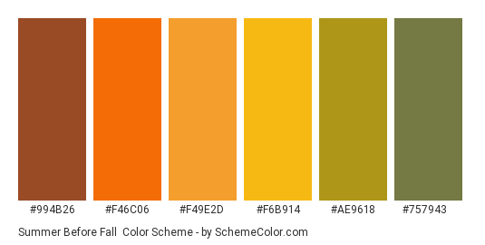 Summer Before Fall - Color scheme palette thumbnail - #994b26 #f46c06 #f49e2d #f6b914 #ae9618 #757943 