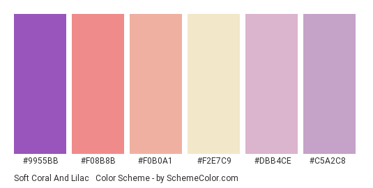 Soft Coral and Lilac #2 - Color scheme palette thumbnail - #9955bb #F08B8B #F0B0A1 #F2E7C9 #DBB4CE #C5A2C8 