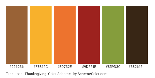 Traditional Thanksgiving - Color scheme palette thumbnail - #996236 #f8b12c #ed732e #9d221e #859d3c #382615 