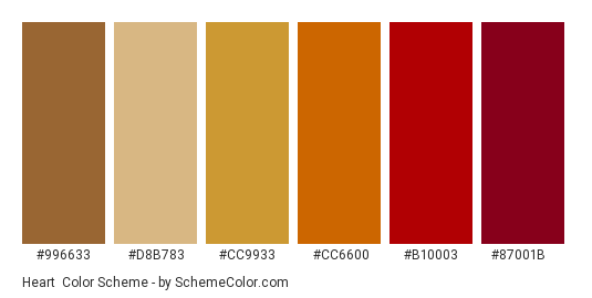 Heart - Color scheme palette thumbnail - #996633 #D8B783 #cc9933 #cc6600 #b10003 #87001b 
