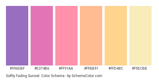 Softly Fading Sunset - Color scheme palette thumbnail - #996DBF #E374B6 #FF91AA #FFBB91 #FFD48C #F9ECBB 