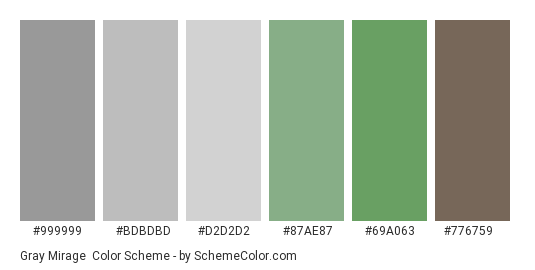 Gray Mirage - Color scheme palette thumbnail - #999999 #bdbdbd #d2d2d2 #87ae87 #69a063 #776759 