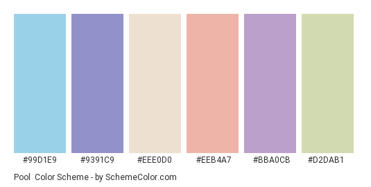 Pool - Color scheme palette thumbnail - #99D1E9 #9391C9 #EEE0D0 #EEB4A7 #BBA0CB #D2DAB1 