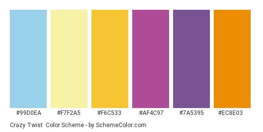 Crazy Twist - Color scheme palette thumbnail - #99d0ea #f7f2a5 #f6c533 #af4c97 #7a5395 #ec8e03 