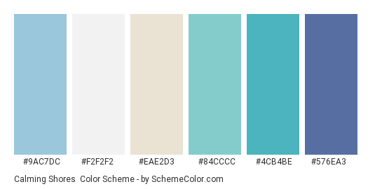 Calming Shores - Color scheme palette thumbnail - #9AC7DC #F2F2F2 #EAE2D3 #84CCCC #4CB4BE #576EA3 