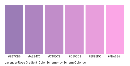 Lavender-Rose Gradient - Color scheme palette thumbnail - #9B7CB6 #AE84C0 #C18DC9 #D595D3 #E89EDC #FBA6E6 