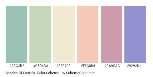 Shades of Pastels - Color scheme palette thumbnail - #9BC2B2 #C5D6BA #F2E9D3 #F6C8B6 #ca9cac #9292d1 