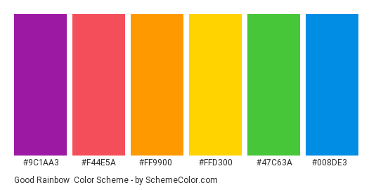 Good Rainbow - Color scheme palette thumbnail - #9C1AA3 #F44E5A #FF9900 #FFD300 #47C63A #008DE3 