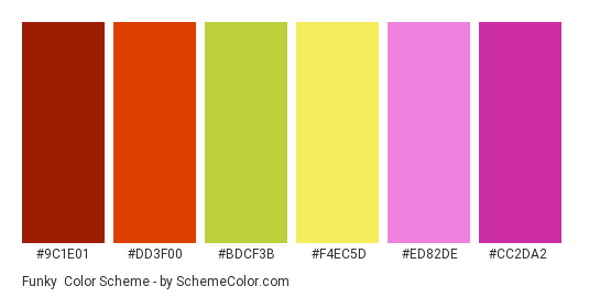 Funky - Color scheme palette thumbnail - #9C1E01 #DD3F00 #BDCF3B #F4EC5D #ED82DE #CC2DA2 