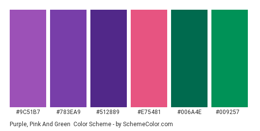 Purple, Pink and Green - Color scheme palette thumbnail - #9C51B7 #783ea9 #512889 #E75481 #006A4E #009257 