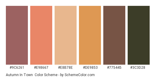 Autumn in Town - Color scheme palette thumbnail - #9C6261 #E98667 #E8B78E #DE9853 #775445 #3C3D28 