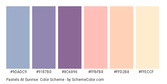 Pastels at Sunrise - Color scheme palette thumbnail - #9DADC9 #9187B0 #8C6896 #FFBFB8 #FFD2B8 #FFECCF 