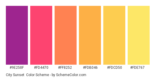 City Sunset - Color scheme palette thumbnail - #9E258F #FD4470 #FF8252 #FDB046 #FDCD50 #FDE767 