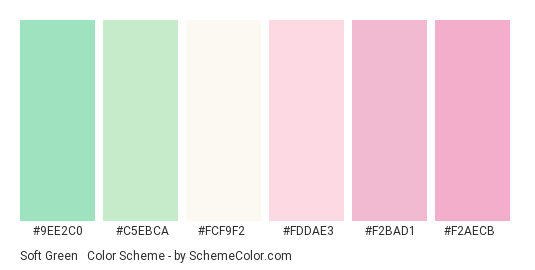Soft Green & Pinks - Color scheme palette thumbnail - #9EE2C0 #C5EBCA #FCF9F2 #FDDAE3 #F2BAD1 #F2AECB 