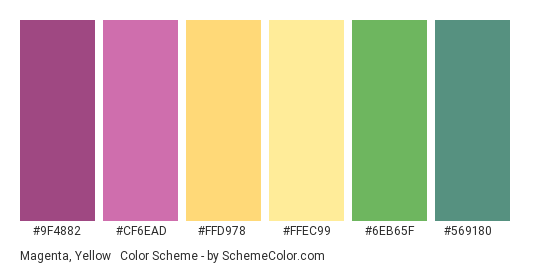 Magenta, Yellow & Green - Color scheme palette thumbnail - #9F4882 #CF6EAD #FFD978 #FFEC99 #6EB65F #569180 