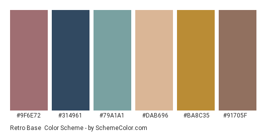 Retro Base - Color scheme palette thumbnail - #9F6E72 #314961 #79A1A1 #DAB696 #BA8C35 #91705F 
