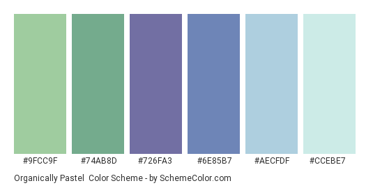 Organically Pastel - Color scheme palette thumbnail - #9FCC9F #74AB8D #726FA3 #6E85B7 #AECFDF #CCEBE7 