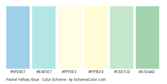Pastel Yellow, Blue & Green - Color scheme palette thumbnail - #9FD0E7 #B4E5E7 #FFFDE3 #FFFBD4 #C5E7CD #A1D4AD 