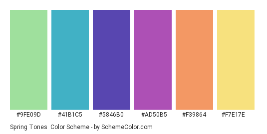 Spring Tones - Color scheme palette thumbnail - #9FE09D #41B1C5 #5846B0 #AD50B5 #F39864 #F7E17E 