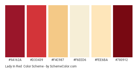 Lady In Red - Color scheme palette thumbnail - #9a162a #d33439 #f4c987 #f6eed6 #fee6ba #780912 