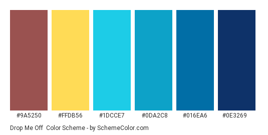 Drop Me Off - Color scheme palette thumbnail - #9a5250 #ffdb56 #1dcce7 #0da2c8 #016ea6 #0e3269 