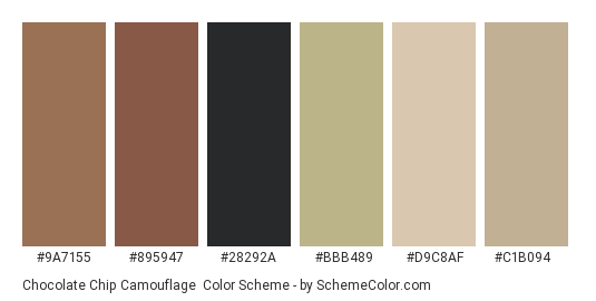 Chocolate Chip Camouflage - Color scheme palette thumbnail - #9a7155 #895947 #28292a #bbb489 #d9c8af #c1b094 
