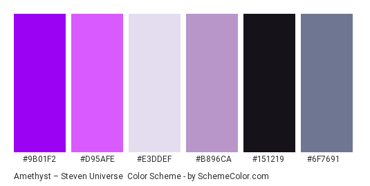 Amethyst – Steven Universe - Color scheme palette thumbnail - #9b01f2 #d95afe #e3ddef #b896ca #151219 #6f7691 