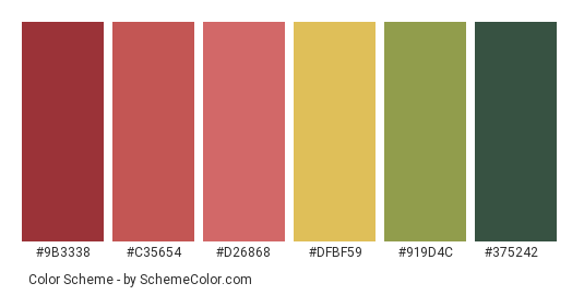 Retro Hibiscus - Color scheme palette thumbnail - #9b3338 #c35654 #d26868 #dfbf59 #919d4c #375242 