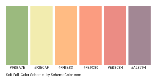 Soft Fall - Color scheme palette thumbnail - #9bba7e #f2ecaf #ffbb83 #fb9c80 #eb8c84 #a28794 
