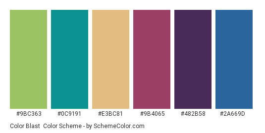 Color Blast - Color scheme palette thumbnail - #9bc363 #0c9191 #e3bc81 #9b4065 #482b58 #2a669d 