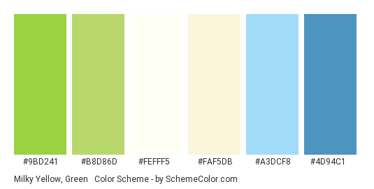 Milky Yellow, Green & Blue - Color scheme palette thumbnail - #9bd241 #b8d86d #fefff5 #faf5db #a3dcf8 #4d94c1 