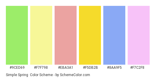 Simple Spring - Color scheme palette thumbnail - #9ced69 #f7f798 #eba3a1 #f5db2b #8aa9f5 #f7c2f8 