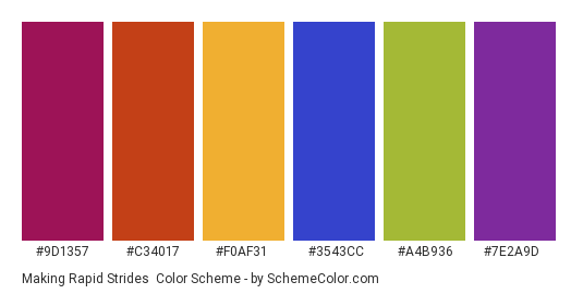 Making Rapid Strides - Color scheme palette thumbnail - #9d1357 #c34017 #f0af31 #3543cc #a4b936 #7e2a9d 