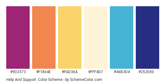 Help and Support - Color scheme palette thumbnail - #9d2573 #f1864e #fad36a #fff4d7 #46b3d4 #252e80 