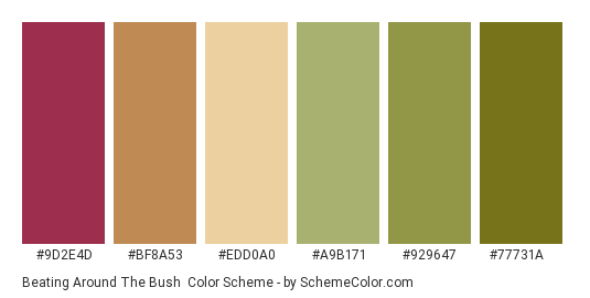 Beating Around the Bush - Color scheme palette thumbnail - #9d2e4d #bf8a53 #edd0a0 #a9b171 #929647 #77731a 