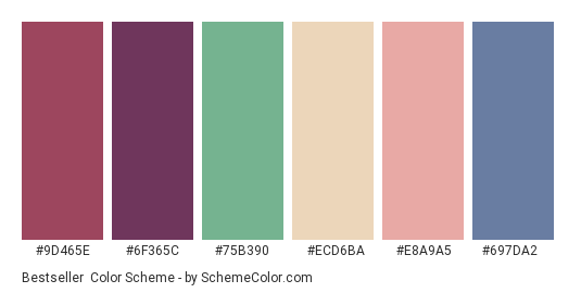 Bestseller - Color scheme palette thumbnail - #9d465e #6f365c #75b390 #ecd6ba #e8a9a5 #697da2 