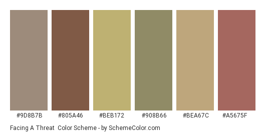 Facing a Threat - Color scheme palette thumbnail - #9d8b7b #805a46 #beb172 #908b66 #bea67c #a5675f 
