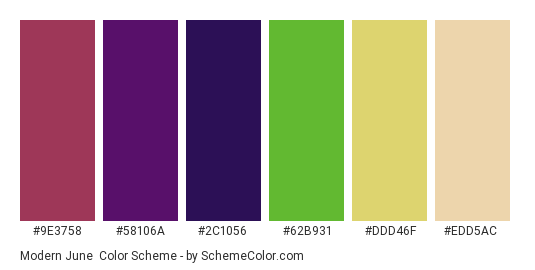 Modern June - Color scheme palette thumbnail - #9e3758 #58106a #2c1056 #62b931 #ddd46f #edd5ac 