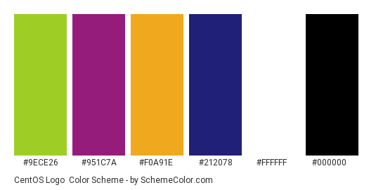 CentOS Logo - Color scheme palette thumbnail - #9ece26 #951c7a #f0a91e #212078 #ffffff #000000 
