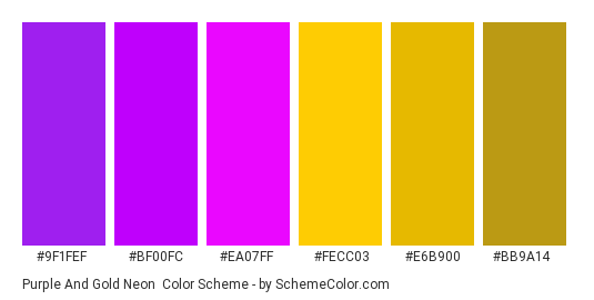 Purple and Gold Neon - Color scheme palette thumbnail - #9f1fef #bf00fc #ea07ff #fecc03 #e6b900 #bb9a14 