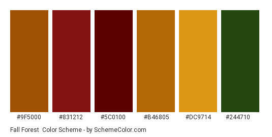 Fall Forest - Color scheme palette thumbnail - #9f5000 #831212 #5c0100 #b46805 #dc9714 #244710 