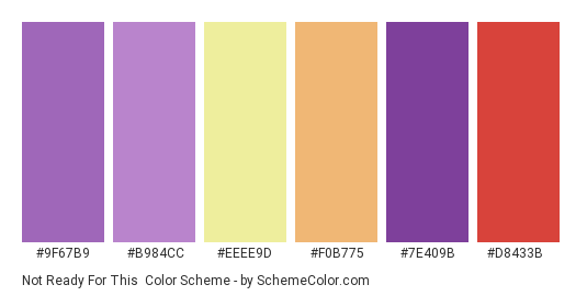Not Ready For This - Color scheme palette thumbnail - #9f67b9 #b984cc #eeee9d #f0b775 #7e409b #d8433b 