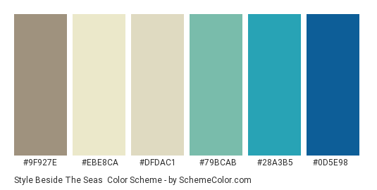 Style Beside the Seas - Color scheme palette thumbnail - #9f927e #ebe8ca #dfdac1 #79bcab #28a3b5 #0d5e98 