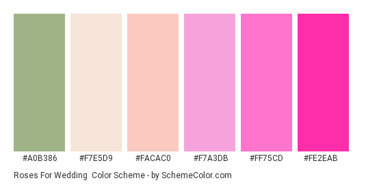 Roses for Wedding - Color scheme palette thumbnail - #A0B386 #f7e5d9 #FACAC0 #F7A3DB #FF75CD #FE2EAB 